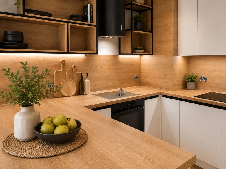 Moderní bílá kuchyně na míru s designovými policemi (foto 1)