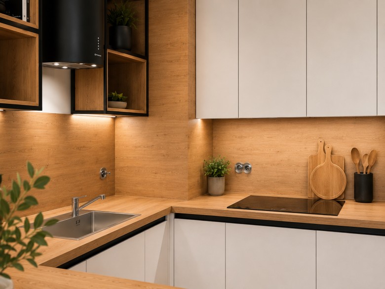 Moderní bílá kuchyně na míru s designovými policemi (foto 3)