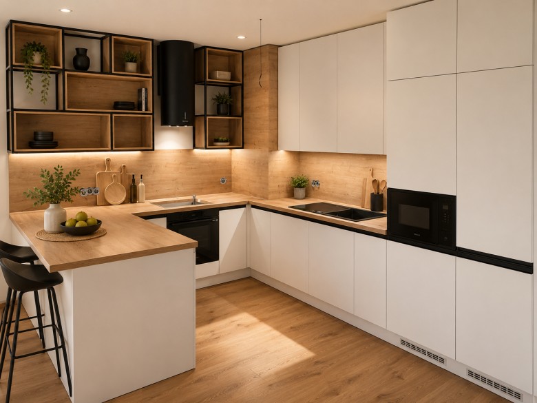 Moderní bílá kuchyně na míru s designovými policemi (foto 4)